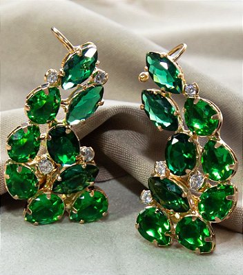 Brinco Ear Cuff Luxo Verde Esmeralda e Turmalina Banhado Ouro 18k