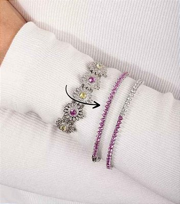 Pulseira Riviera Zircônias Rosa Ródio Branco 3 Pontas