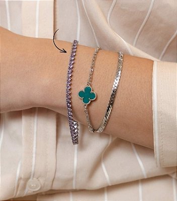 Pulseira Riviera Zircônias Lilás Ródio Branco 3 Pontas