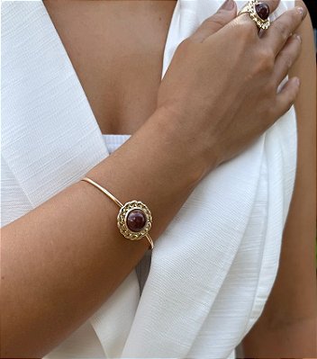 Bracelete Botão Resina Marrom Banhado Ouro 18k
