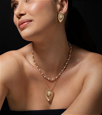 Conjunto Brinco e Colar Gota Pérola Banho Ouro 18k