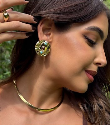 Brinco Chapa Turquesa e Marrom Banhado Ouro 18k