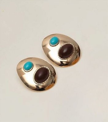 Brinco Oval Turquesa e Marrom Banhado Ouro 18k