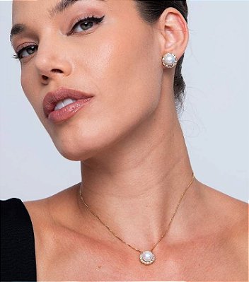 Conjunto Brinco Colar Pérola Cristal Banho Ouro 18k
