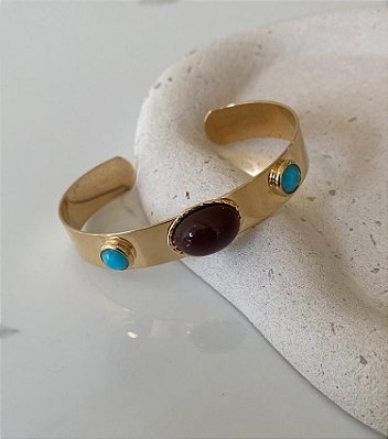 Bracelete Resina Marrom e Turquesa Banho Ouro 18k