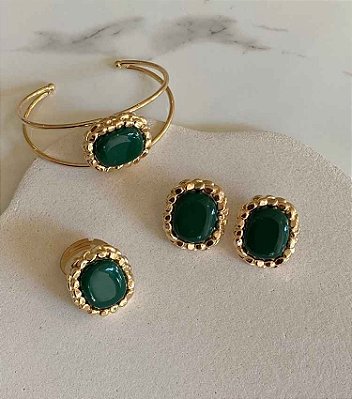 Conjunto Brinco Anel e Bracelete Esmeralda Banho Ouro 18k