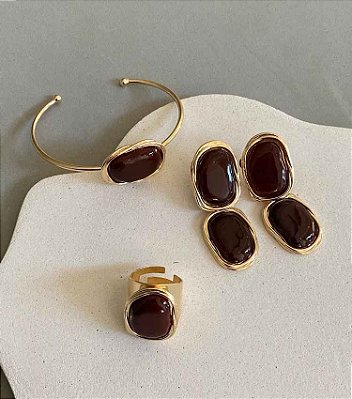 PRÉ-VENDA Conjunto Brinco Anel e Bracelete Orgânico Banho Ouro 18k