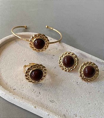 Conjunto Brinco Anel e Bracelete Botão Banho Ouro 18k