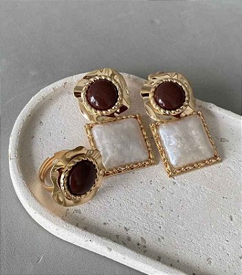 Conjunto Brinco e Anel Chapa Banho Ouro 18k