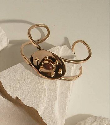 Bracelete Chapa Resina Marrom Banho Ouro 18k
