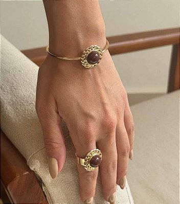 Conjunto Bracelete e Anel Botão Banho Ouro 18k