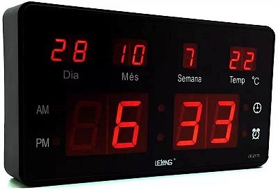 Relogio de parede digital dia/mes/ano/temperatura/alarme lelong le-2115
