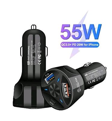Carregador veicular usb triplo 55w 3.0 ml-6632