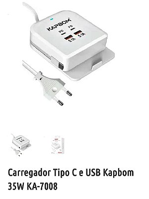 Carregador power socket 35w usb-c tipo c 2usb kapbom ka-7008