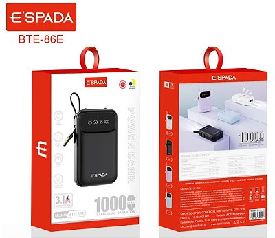 Bateria carregador portatil power bank 10000mah e'spada bte-86e