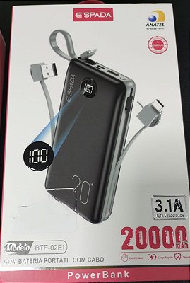 Bateria carregador portatil e'spada 20000mah bte-02e1 branco