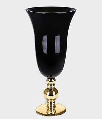 Vaso De Vidro Preto Com Pé Dourado - 50 cm