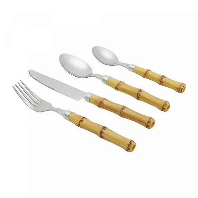 Faqueiro 24 Peças de Aço Inox com Cabo de Plástico Bambu Natural Luxo - Lyor
