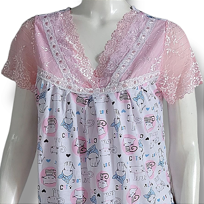 Camisola Delicada Feminina Adulto Roupa de Dormir Estampada | Renda rosa claro