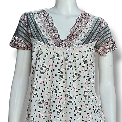 Camisola Delicada Adulto Roupa de dormir Estampa Urso panda manga na renda Rosê Golden e preto