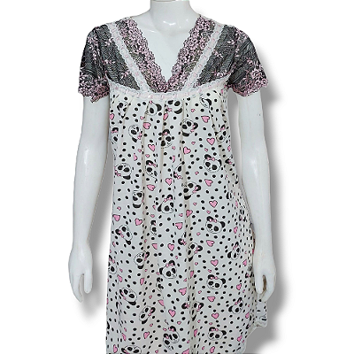 Camisola Delicada Feminina Adulto Roupa de dormir Estampa Urso panda manga rendada Rosê e preto