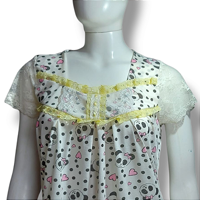 Camisola Isadora Manga Curta Roupa de Dormir Estampa Urso panda tira bordada amarelo