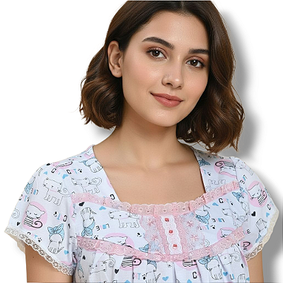 Camisola Isadora manga curta Roupa de dormir Estampa gatinha Tira bordada rosa bebê