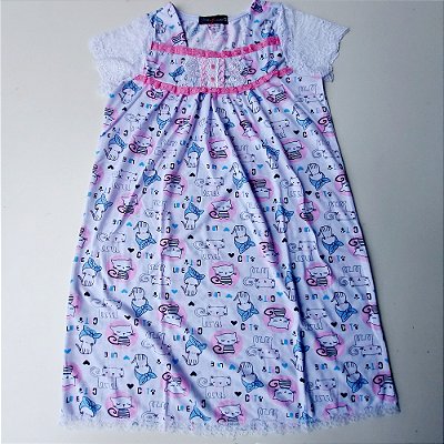 Camisola Infantil Isadora manga na renda barrada estampa gatinha/Tira bordada rosa escuro |veste 12 anos