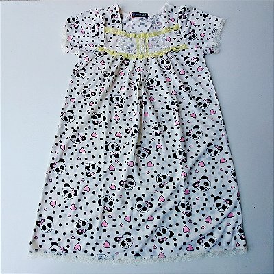 Camisola Isadora infantil com manga curta Roupa de dormir Estampa Urso panda Tira bordada Cor Amarelo