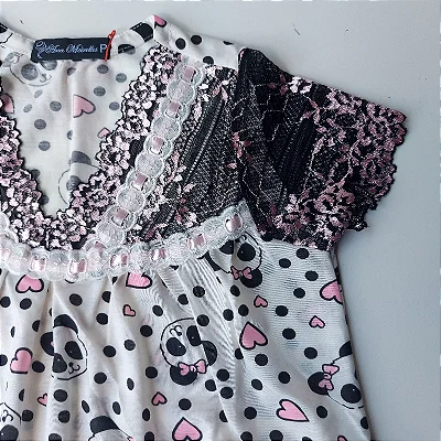 Camisola Delicada infantil Estampa urso panda cor renda preta e rosa