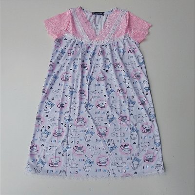 Camisola Delicada infantil estampa Gatinha | Manga na Renda barrada cor rosa