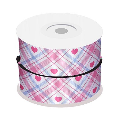 Fita de Gorgurão Xadrez Coração Rosa e Azul | 38mm | 2 Metros