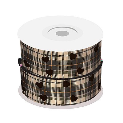 Fita de Gorgurão Xadrez Marrom Coração | 38mm | 2 Metros