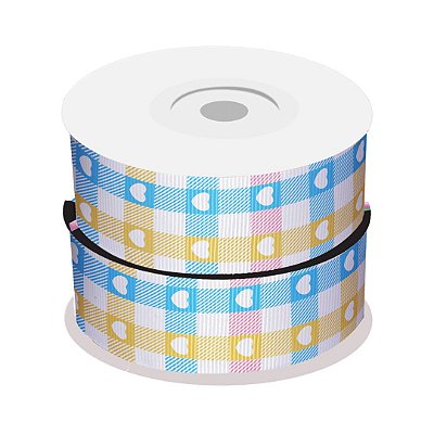Fita de Gorgurão Xadrez Coração Azul e Amarelo | 38mm | 2 Metros