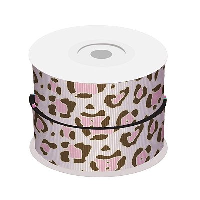 Fita de Gorgurão Animal Print Onça Rosa Fundo Branco | 38mm | 2 Metros