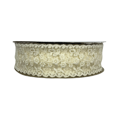 Fita Organza Bordada com Flores Importada 38mm | Metro | Cor: Off White