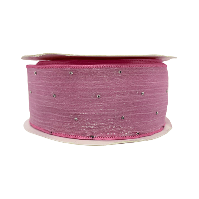 Fita Organza Voal Com Strass 38mm | Metro | Cor: Rosa