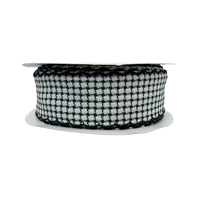 Fita Tweed Quadriculada Com Borda Trabalhada 38mm | Metro | Cor: Preto e Branco