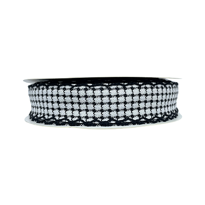 Fita Tweed Quadriculada Com Borda Trabalhada 25mm | Metro | Cor: Preto e Branco