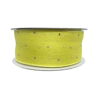 Fita Organza Voal Com Strass 38mm | Metro | Cor: Amarelo