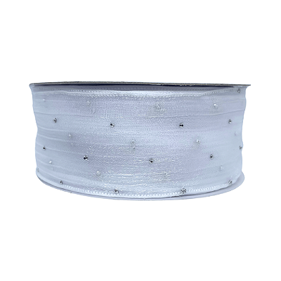 Fita Organza Voal Com Strass 38mm | Metro | Cor: Branco