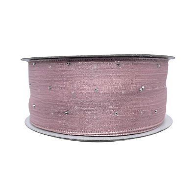 Fita Organza Voal Com Strass 38mm | Metro | Cor: Rose