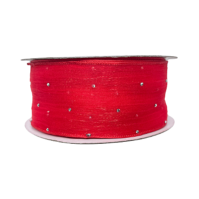 Fita Organza Voal Com Strass 38mm | Metro | Cor: Vermelho