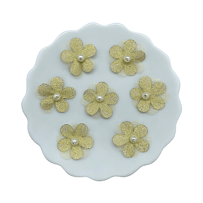 Flor de Tecido e Organza Com Pérola 2,5cm | Unidade | Cor: Dourado