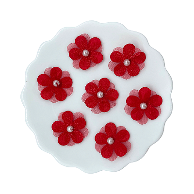 Flor de Tecido e Organza Com Pérola 2,5cm | Unidade | Cor: Vermelho