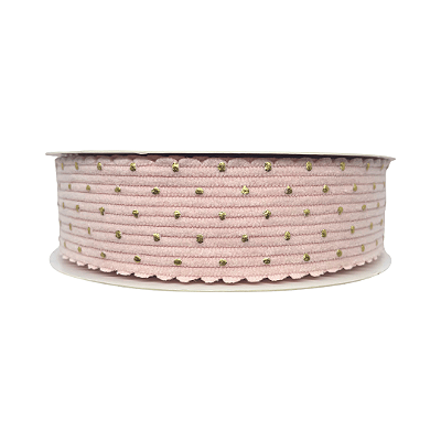 Fita Cotelê Borda Ondulada Com Poá Dourado 38mm | Metro Cor: Rosa Bebê