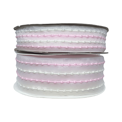 Fita Organza Com Listras Pespontadas | Metro | Cor: Rosa e Off White