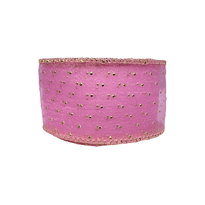 Fita Organza Com Poá Dourado 40mm | Metro | Cor: Rosa