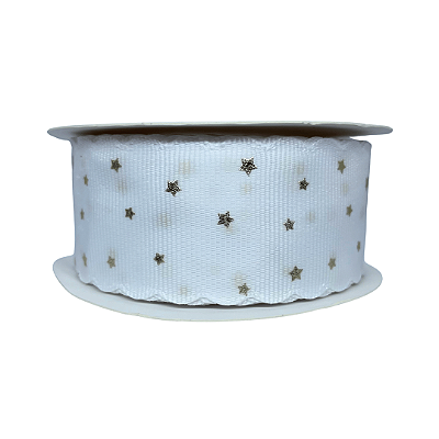 Fita Gorgurão Com Borda Ondulada e Estampa Estrela Dourada 38mm | Metro | Cor: Branco