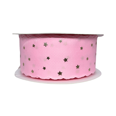 Fita Gorgurão Com Borda Ondulada e Estampa Estrela Dourada 38mm | Metro | Cor: Rosa Bebê